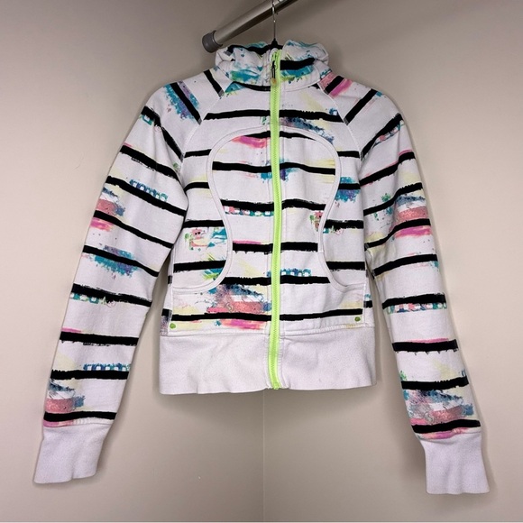 Lululemon Scuba Hoodie Size 4 Classic Lulu Rare White Paint Splash Stripe Print - Picture 3 of 12